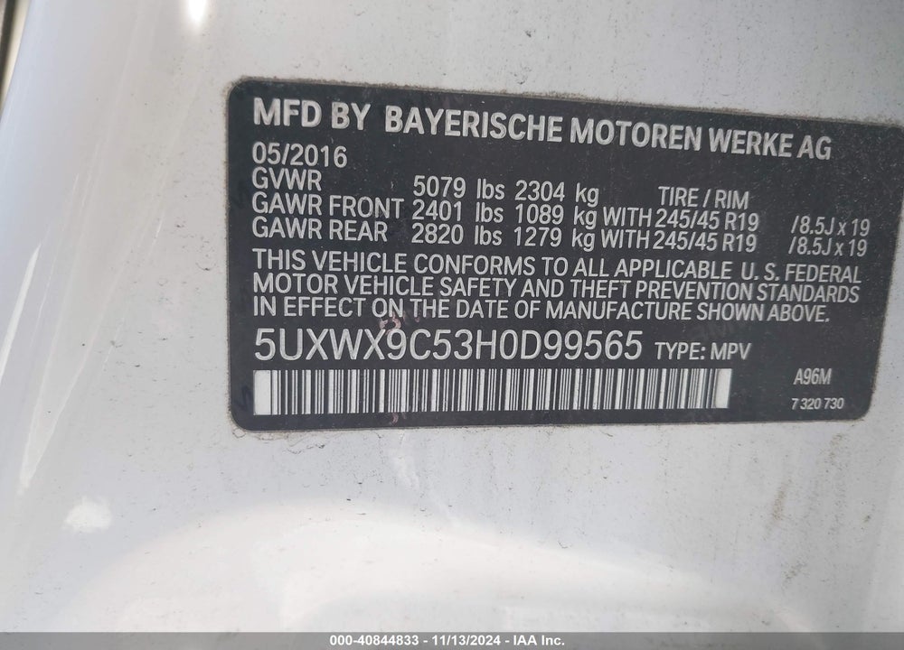 2017 BMW X3 XDRIVE28I VIN: 5UXWX9C53H0D99565