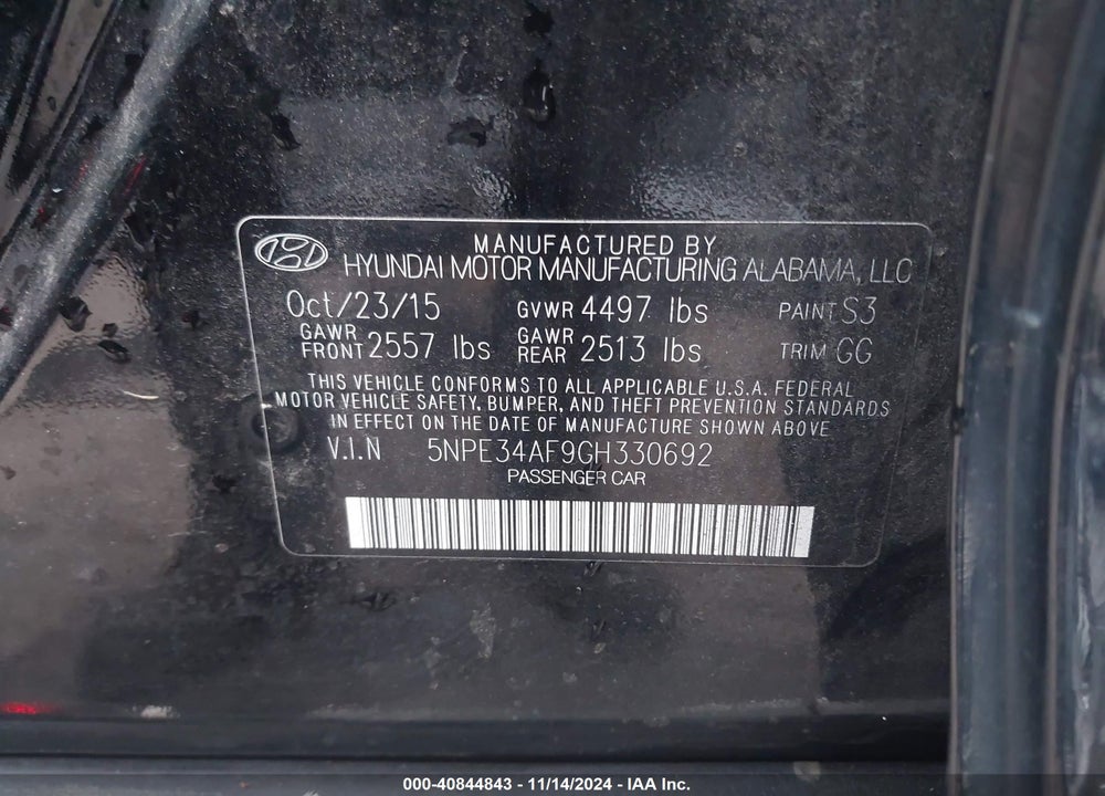 2016 HYUNDAI SONATA LIMITED VIN: 5NPE34AF9GH330692