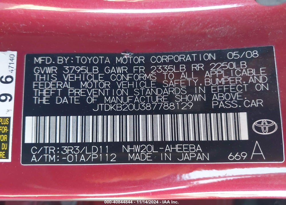 2008 TOYOTA PRIUS TOURING VIN: JTDKB20U387788129
