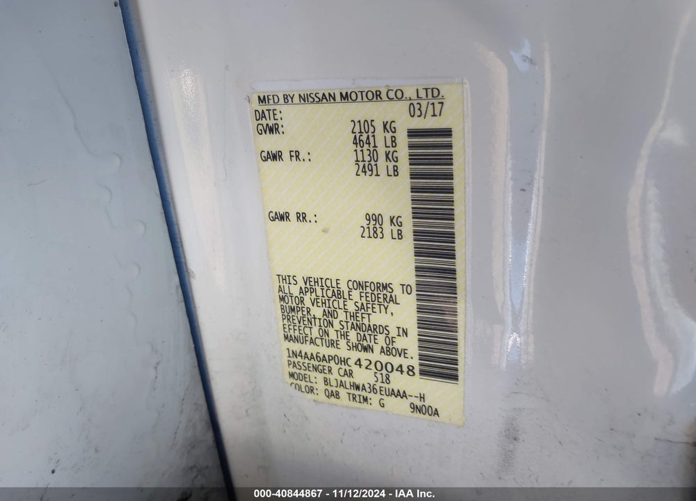2017 NISSAN MAXIMA 3.5 PLATINUM VIN: 1N4AA6AP0HC420048