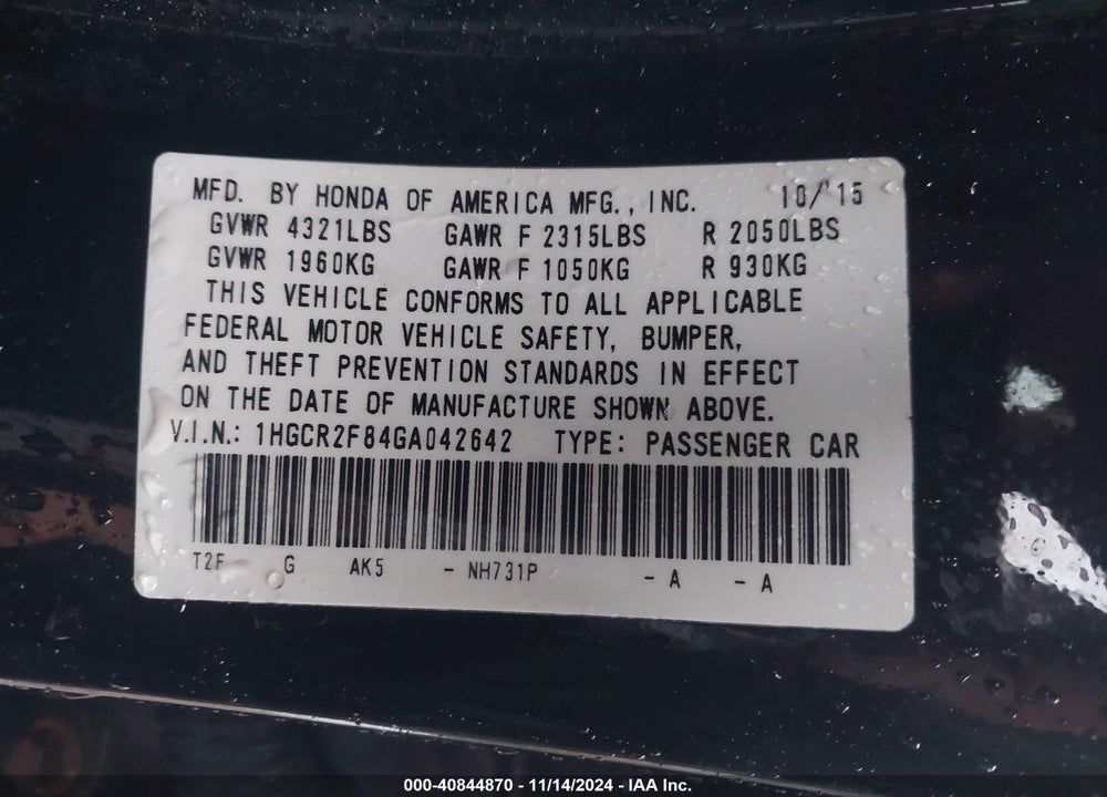 2016 HONDA ACCORD EX-L VIN: 1HGCR2F84GA042642