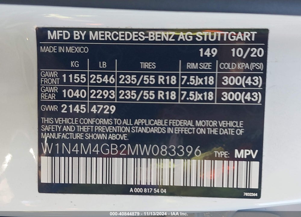 2021 MERCEDES-BENZ GLB 250 VIN: W1N4M4GB2MW083396