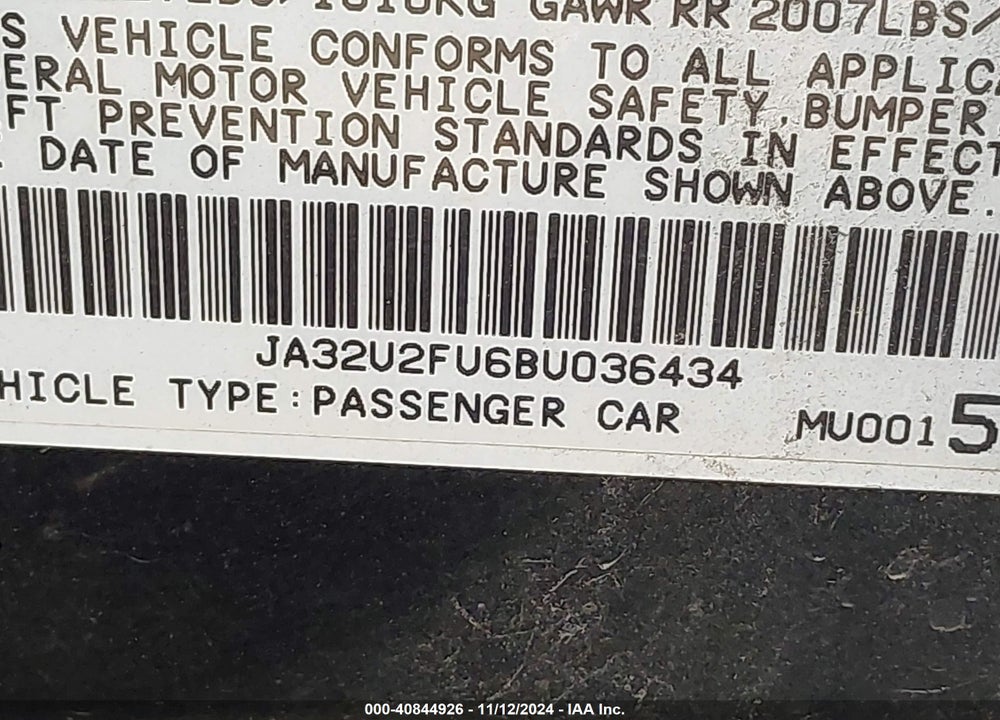 2011 MITSUBISHI LANCER ES VIN: JA32U2FU6BU036434