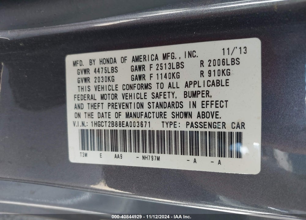 2014 HONDA ACCORD EX-L V-6 VIN: 1HGCT2B88EA003671