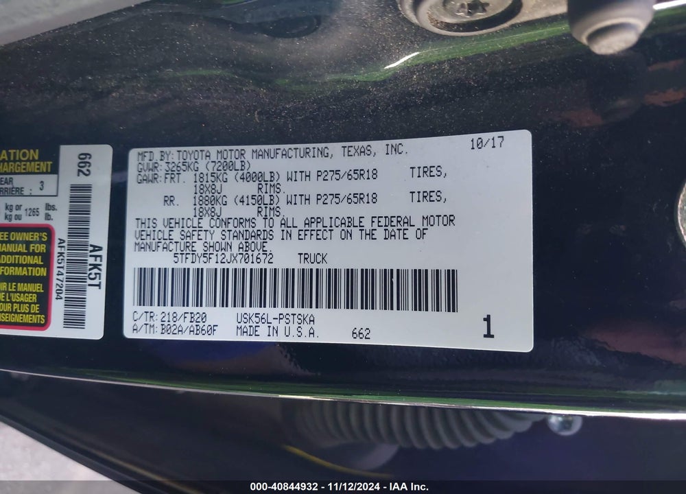 2018 TOYOTA TUNDRA SR5 5.7L V8 VIN: 5TFDY5F12JX701672