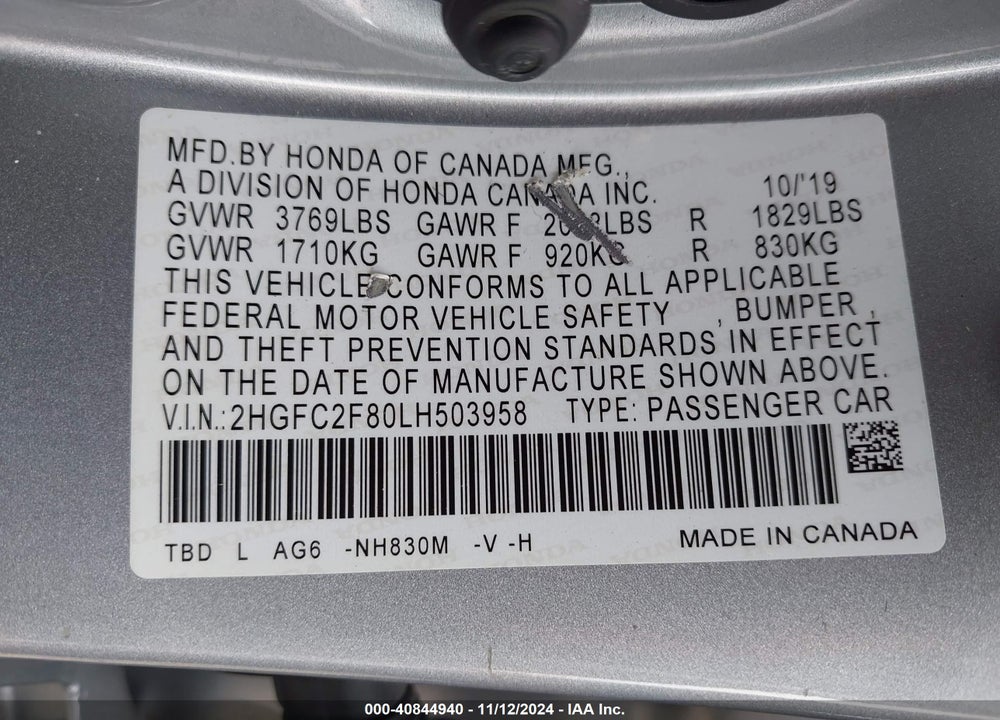 2020 HONDA CIVIC VIN: 2HGFC2F80LH503958