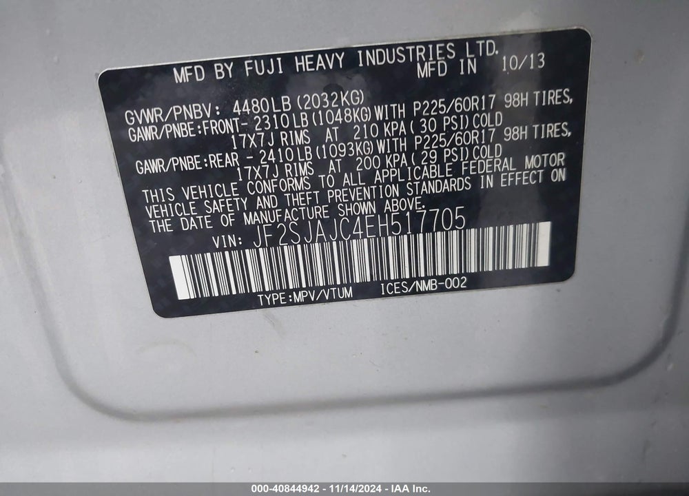 2014 SUBARU FORESTER 2.5I LIMITED VIN: JF2SJAJC4EH517705