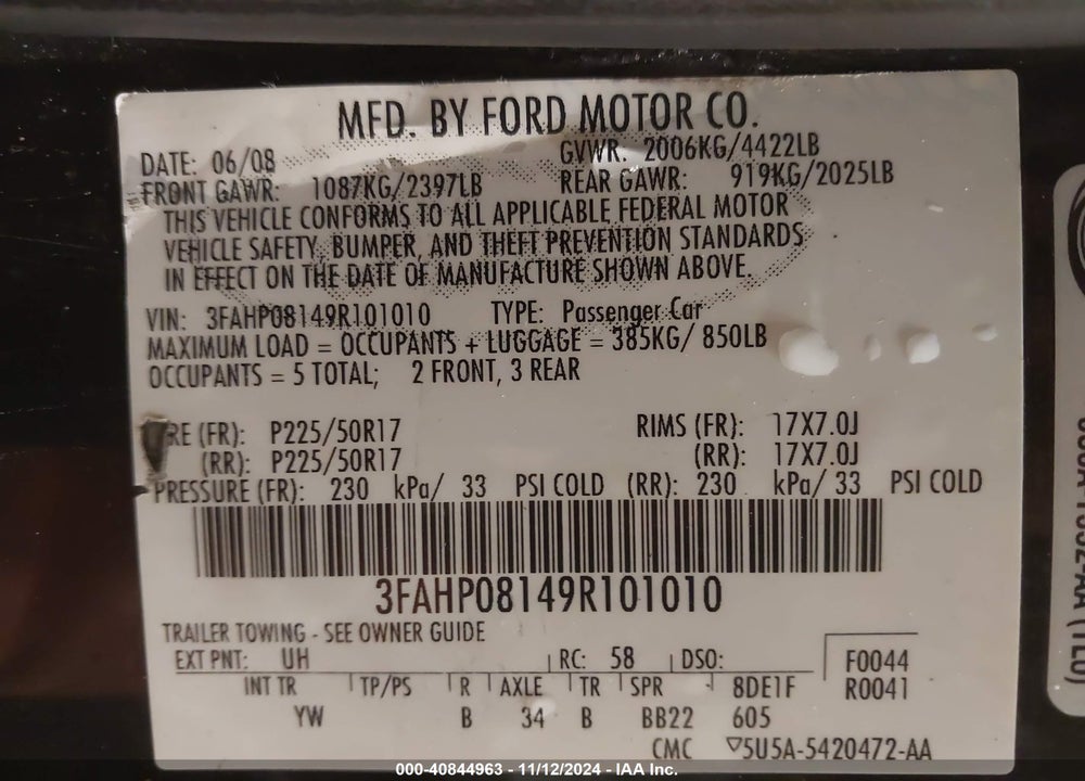 2009 FORD FUSION VIN: 3FAHP08149R101010