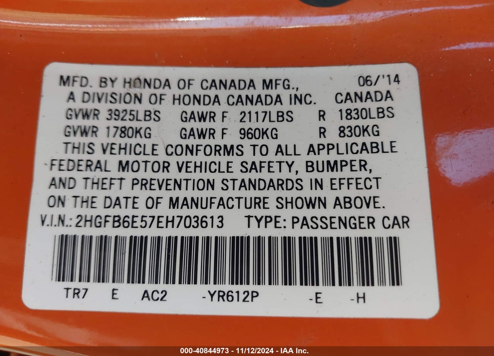 2014 HONDA CIVIC SI VIN: 2HGFB6E57EH703613