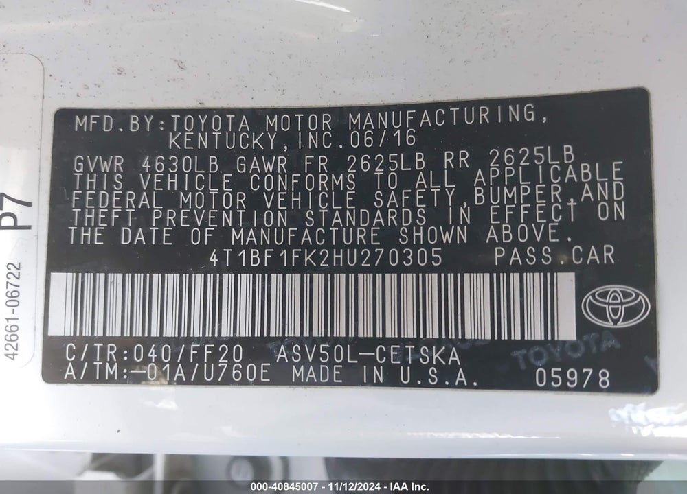 2017 TOYOTA CAMRY SE VIN: 4T1BF1FK2HU270305
