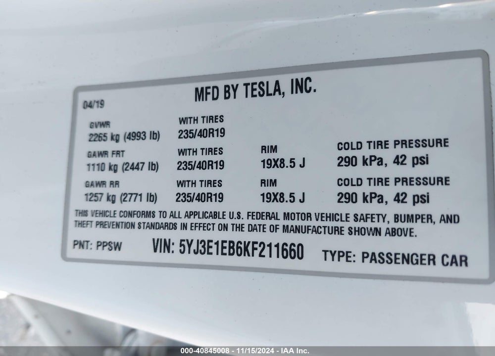 2019 TESLA MODEL 3 LONG RANGE/PERFORMANCE VIN: 5YJ3E1EB6KF211660
