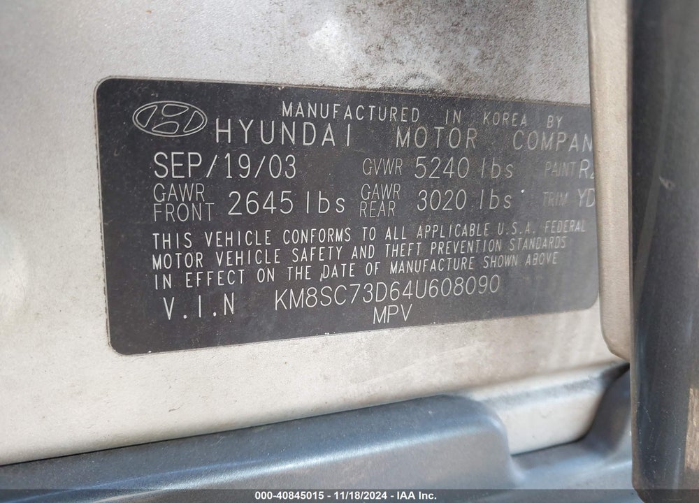 2004 HYUNDAI SANTA FE GLS VIN: KM8SC73D64U608090