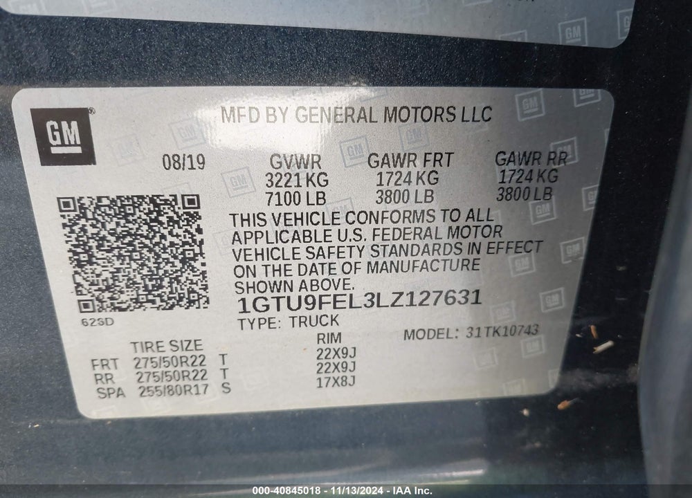 2020 GMC SIERRA 1500 4WD STANDARD BOX DENALI VIN: 1GTU9FEL3LZ127631
