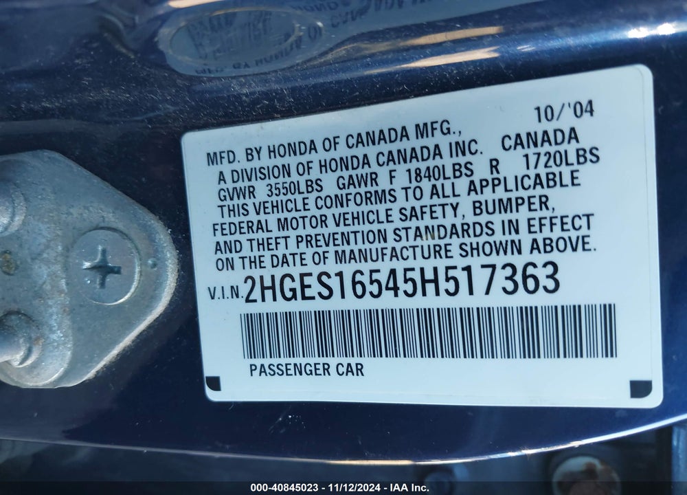 2005 HONDA CIVIC LX VIN: 2HGES16545H517363
