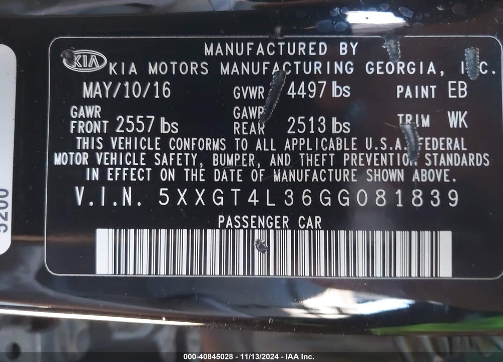 2016 KIA OPTIMA LX VIN: 5XXGT4L36GG081839