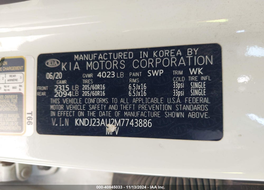 2021 KIA SOUL LX VIN: KNDJ23AU2M7743886