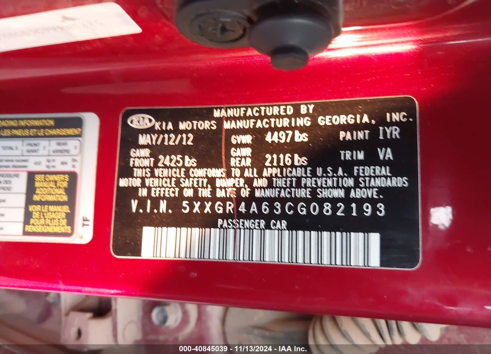 2012 KIA OPTIMA VIN: 5XXGR4A63CG082193