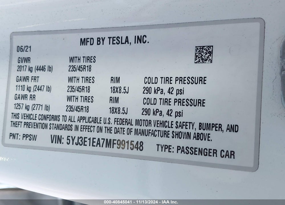 2021 TESLA MODEL 3 VIN: 5YJ3E1EA7MF991548