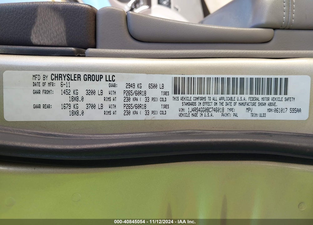2011 JEEP GRAND CHEROKEE LAREDO VIN: 1J4RS4GG0BC746018