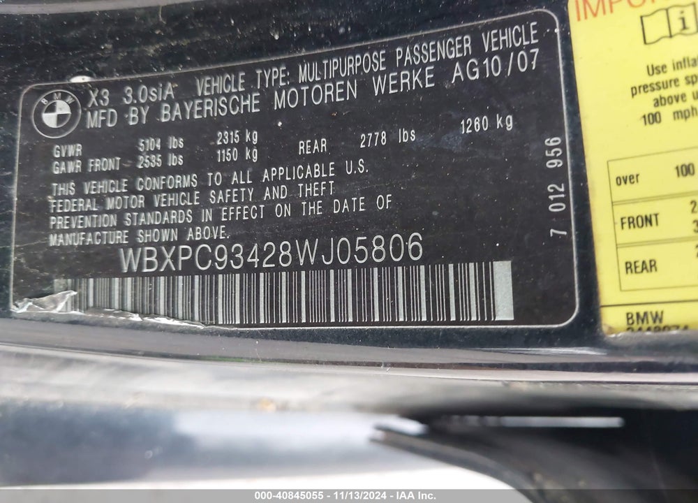 2008 BMW X3 VIN: WBXPC93428WJ05806