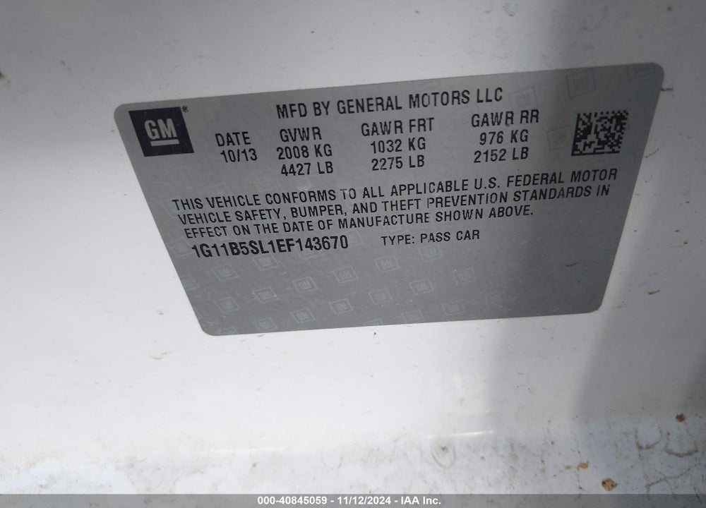 2014 CHEVROLET MALIBU 1LS VIN: 1G11B5SL1EF143670