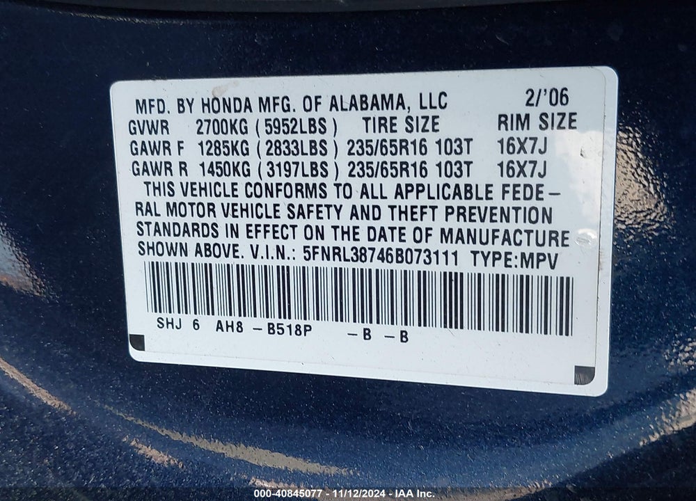 2006 HONDA ODYSSEY EX-L VIN: 5FNRL38746B073111