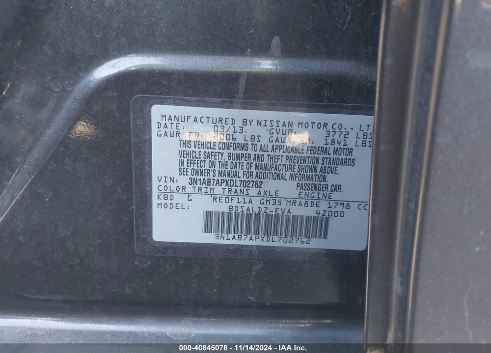 2013 NISSAN SENTRA SV VIN: 3N1AB7APXDL702762