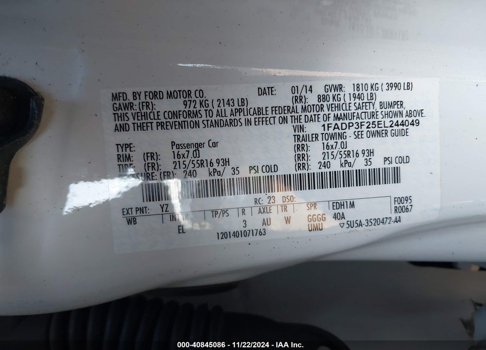 2014 FORD FOCUS SE VIN: 1FADP3F25EL244049