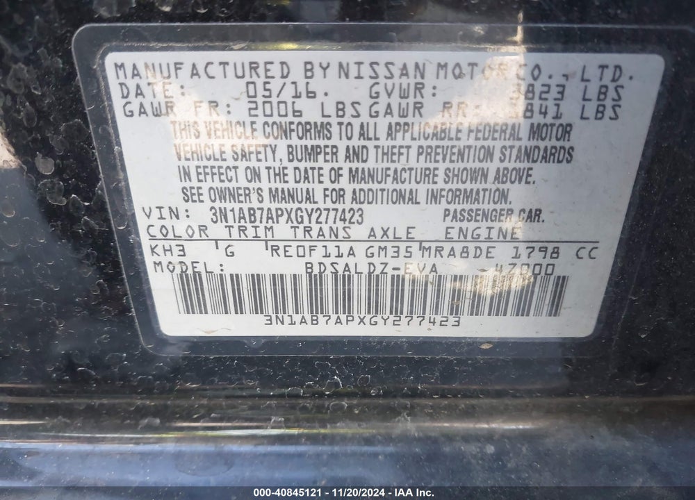 2016 NISSAN SENTRA SV VIN: 3N1AB7APXGY277423
