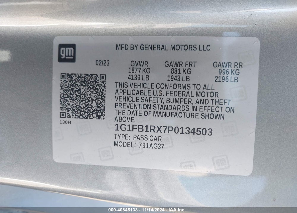 2023 CHEVROLET CAMARO RWD 1LT VIN: 1G1FB1RX7P0134503