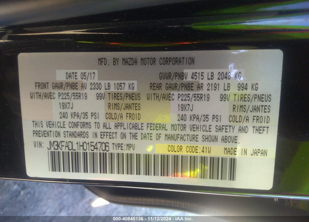 2017 MAZDA CX-5 GRAND TOURING VIN: JM3KFADL1H0154706