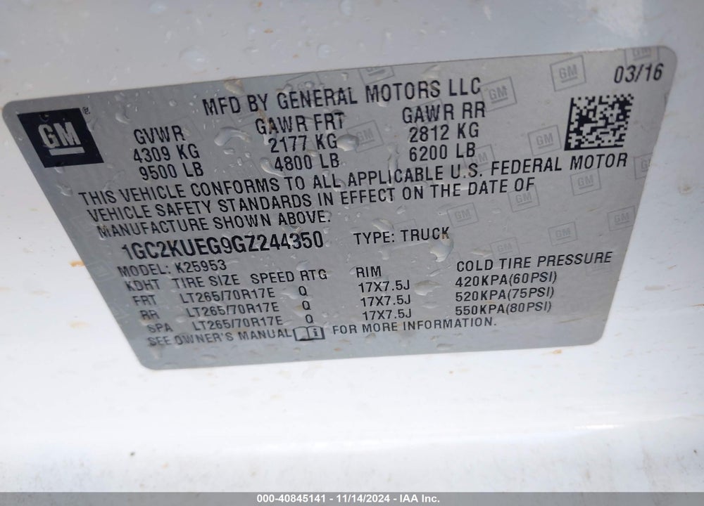 2016 CHEVROLET SILVERADO 2500HD WT VIN: 1GC2KUEG9GZ244350