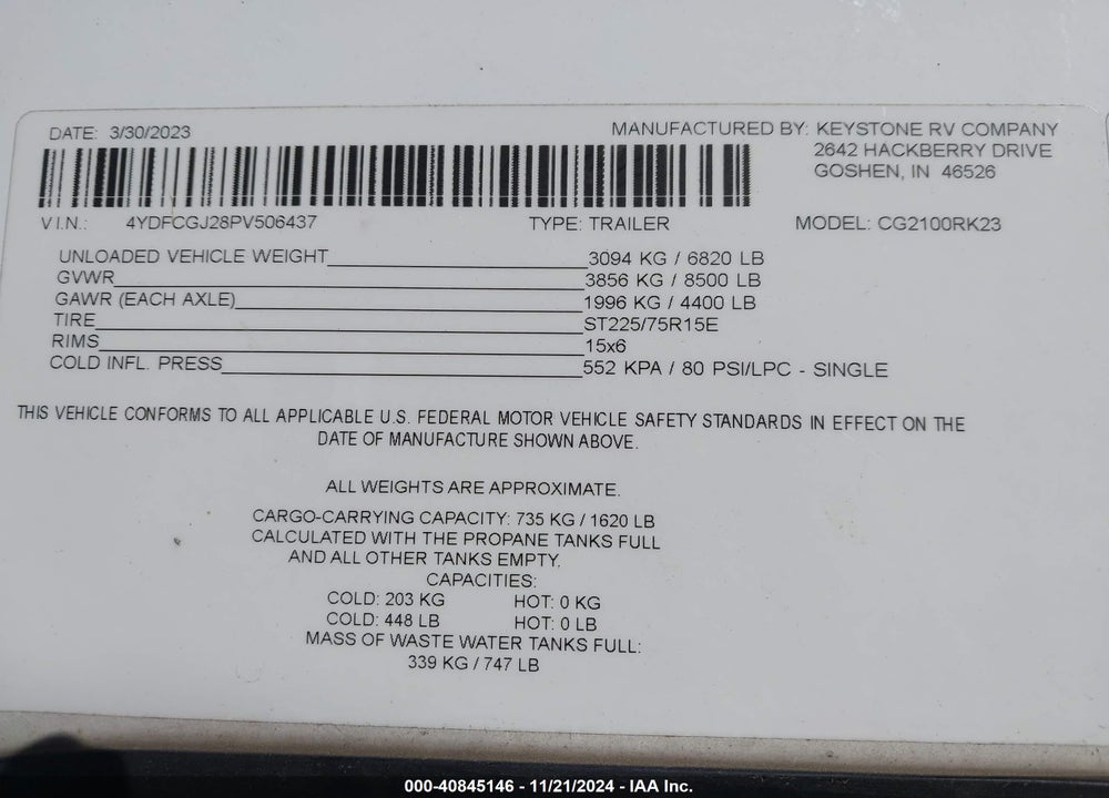 2023 KEYSTONE TRAVEL TRAILER VIN: 4YDFCGJ28PV506437