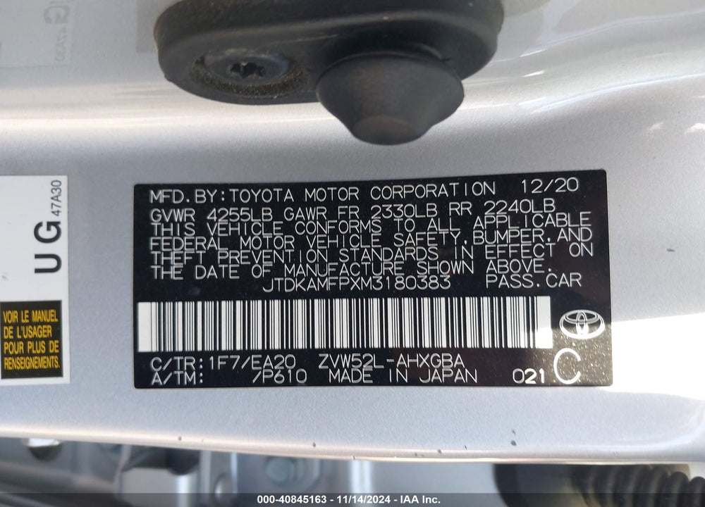 2021 TOYOTA PRIUS PRIME LIMITED VIN: JTDKAMFPXM3180383