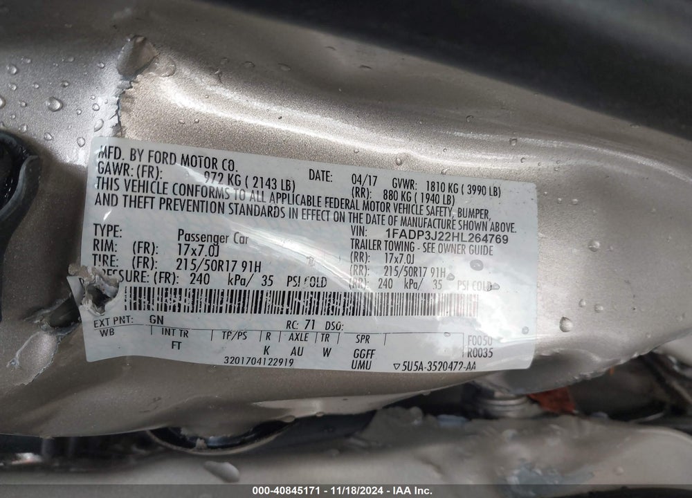 2017 FORD FOCUS VIN: 1FADP3J22HL264769
