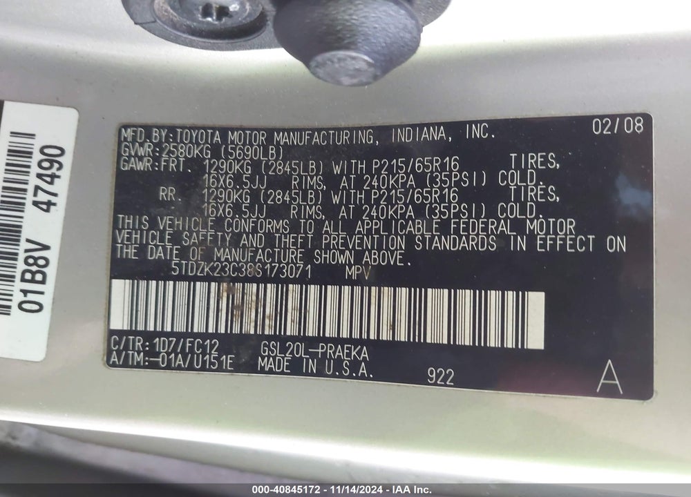2008 TOYOTA SIENNA LE VIN: 5TDZK23C38S173071