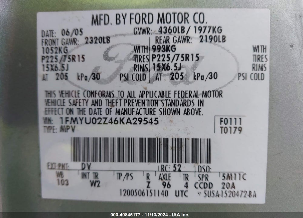 2006 FORD ESCAPE XLS/XLS MANUAL VIN: 1FMYU02Z46KA29545