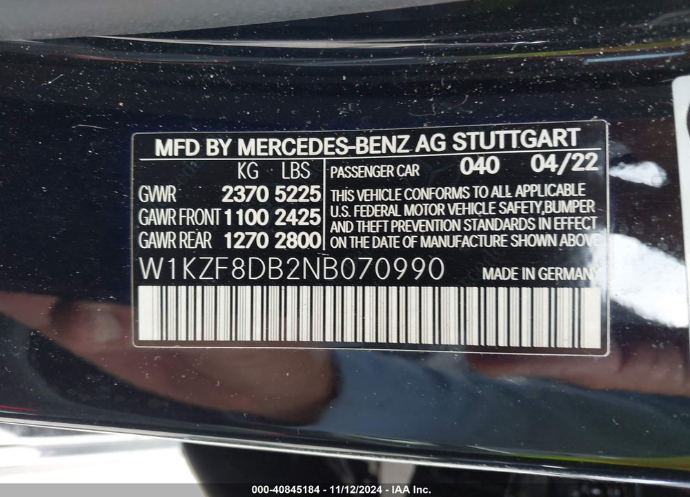 2022 MERCEDES-BENZ E 350 VIN: W1KZF8DB2NB070990