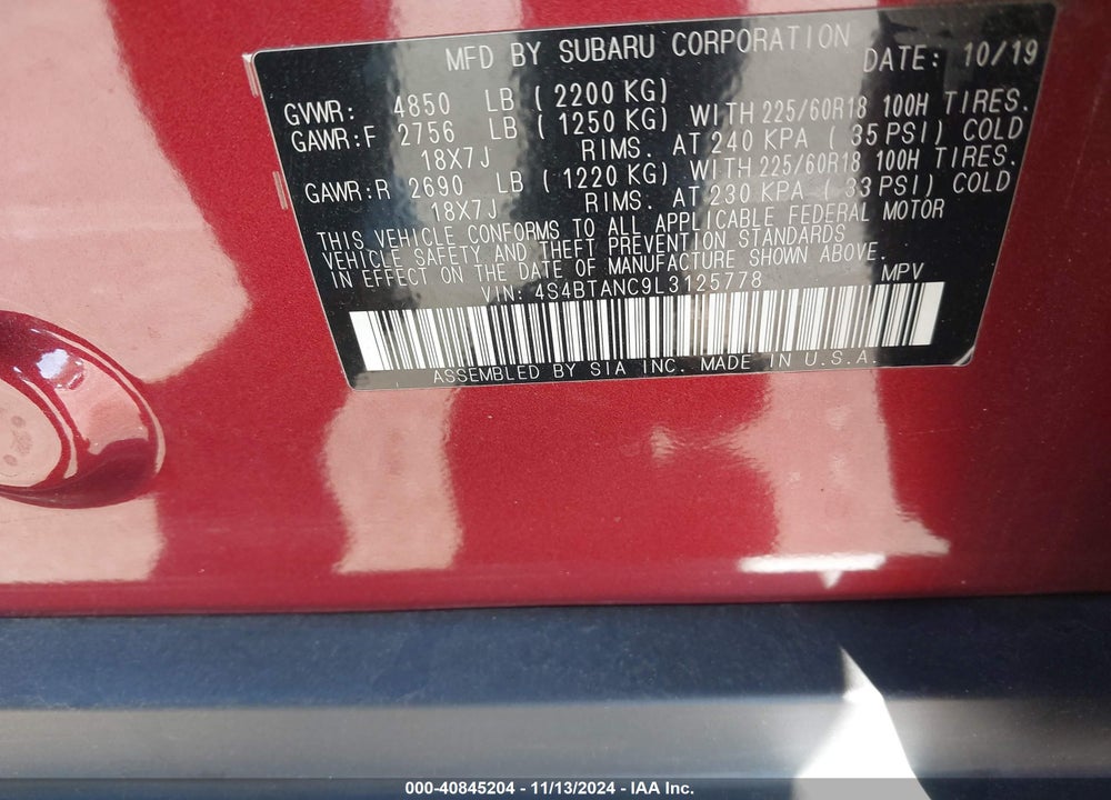 2020 SUBARU OUTBACK VIN: 4S4BTANC9L3125778