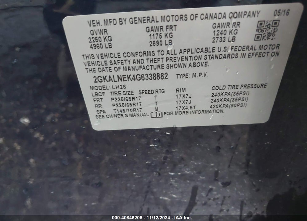 2016 GMC TERRAIN SLE-2 VIN: 2GKALNEK4G6338882