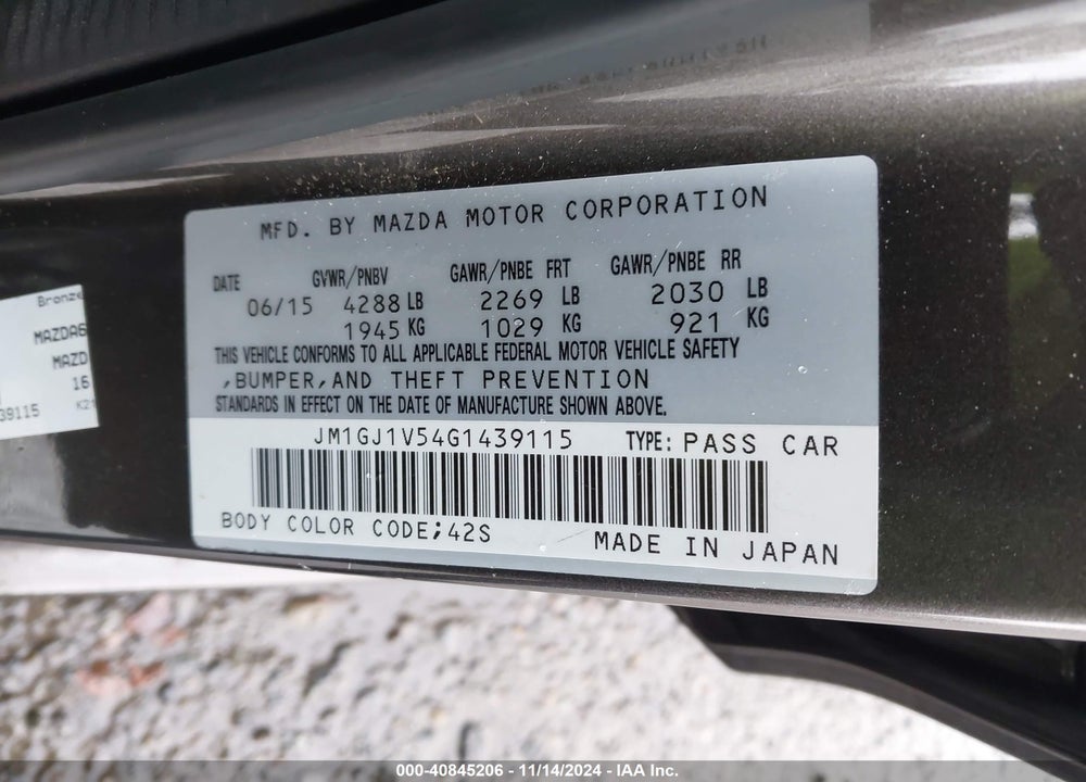 2016 MAZDA 6 I TOURING VIN: JM1GJ1V54G1439115