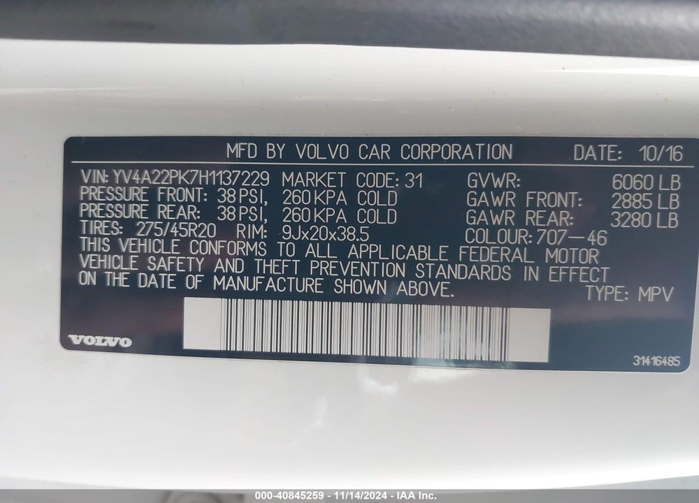 2017 VOLVO XC90 T6 MOMENTUM VIN: YV4A22PK7H1137229