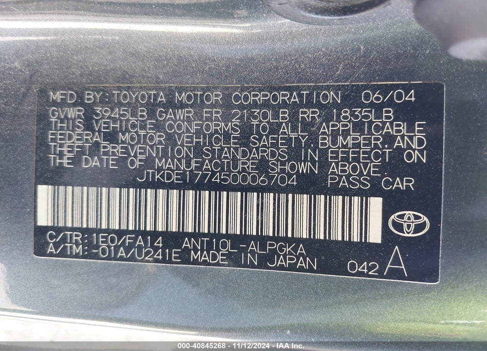 2005 SCION TC VIN: JTKDE177450006704
