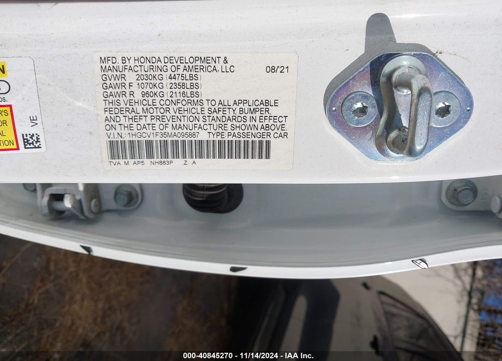 2021 HONDA ACCORD SPORT VIN: 1HGCV1F35MA095887