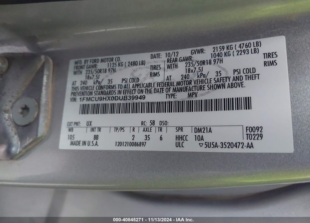 2013 FORD ESCAPE SEL VIN: 1FMCU9HX0DUB39949