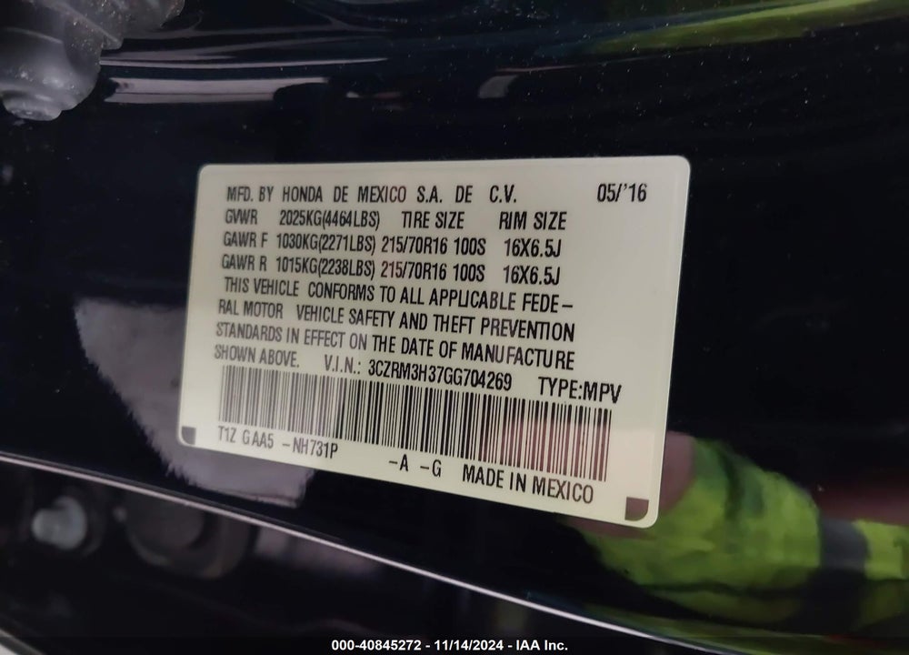 2016 HONDA CR-V LX VIN: 3CZRM3H37GG704269