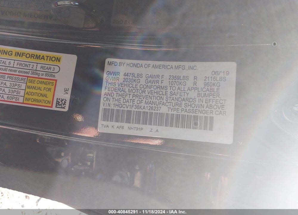 2019 HONDA ACCORD SPORT VIN: 1HGCV1F36KA126237