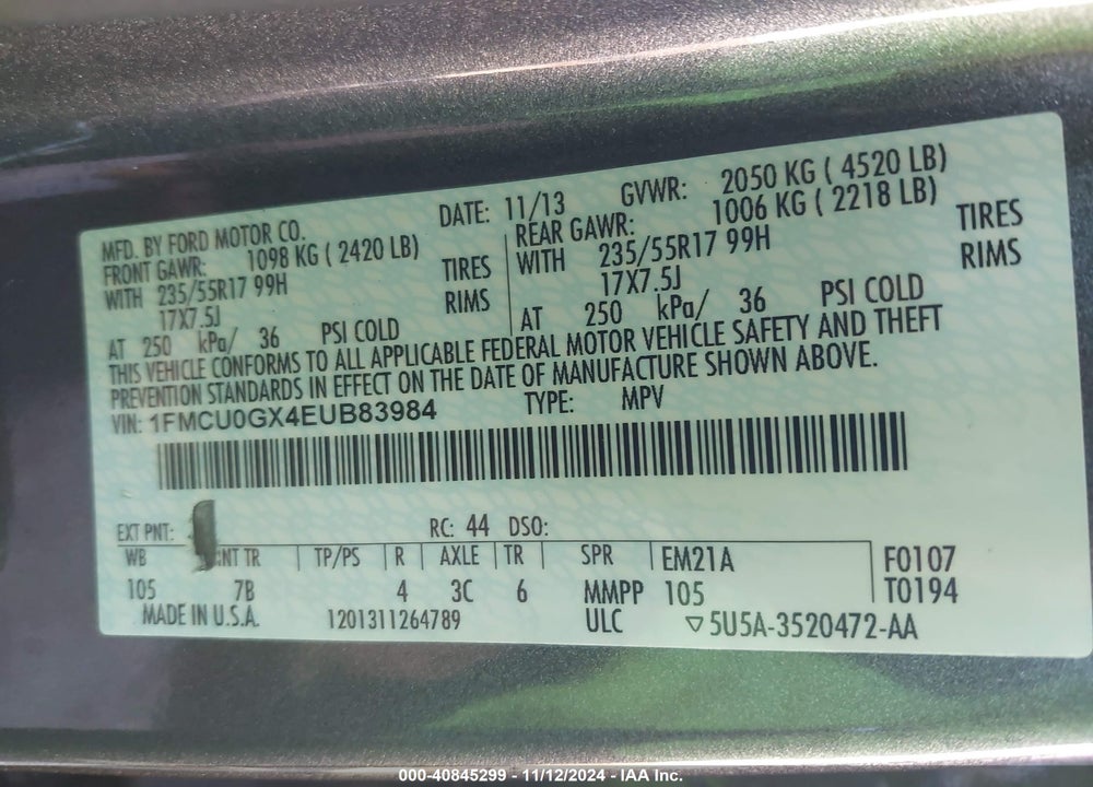 2014 FORD ESCAPE SE VIN: 1FMCU0GX4EUB83984