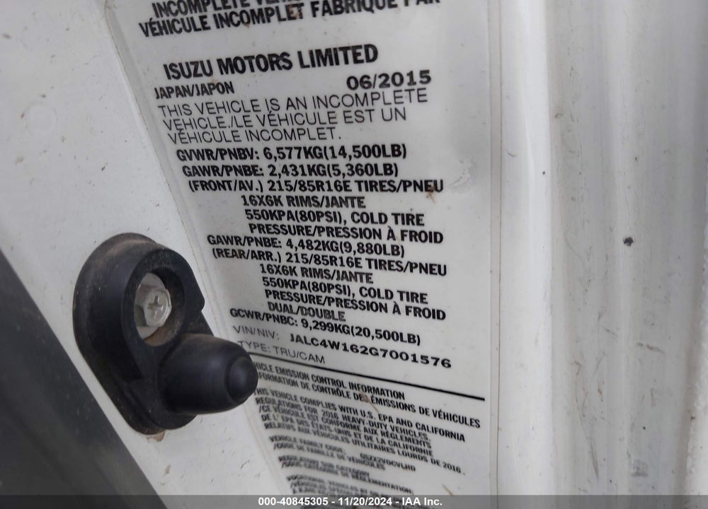 2016 ISUZU NPR DSL REG AT VIN: JALC4W162G7001576
