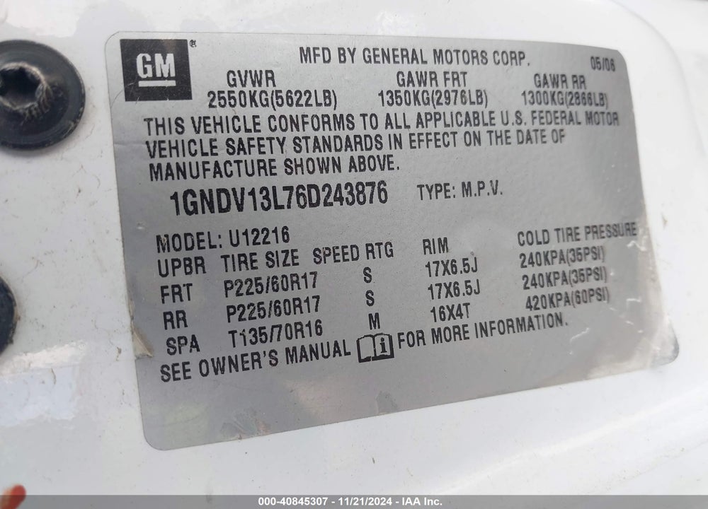 2006 CHEVROLET UPLANDER CARGO VIN: 1GNDV13L76D243876